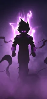 Silhouetted figure with glowing purple aura and dark background.