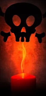 Skull and crossbones above a red candle flame on a dark background.