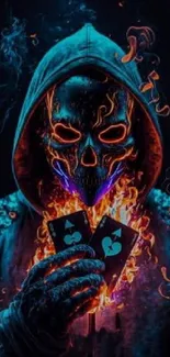 Dark art featuring a flaming skull and playing cards with neon accents.