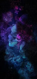 Intricate dark floral pattern with blue and purple hues on a mobile wallpaper.