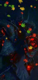 Dark floral wallpaper with glowing red roses and colorful autumn leaves.