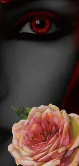 Dark-themed wallpaper with a striking red eye and a vibrant pink rose.