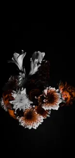 Dark floral wallpaper with vibrant orange and white flowers on a black background.