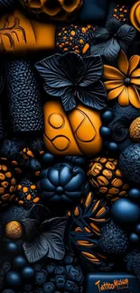 Intricate dark floral pattern wallpaper in orange and blue.