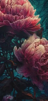 Artistic dark floral wallpaper with elegant peonies on a deep cyan background.