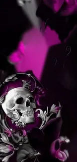 Dark skull and floral art with purple highlights, gothic theme.