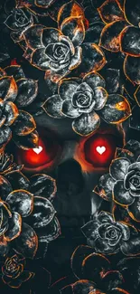 Dark skull with red eyes surrounded by floral pattern on wallpaper.