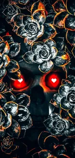 Dark skull art with floral accents and glowing red eyes.