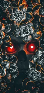 Dark floral skull wallpaper with red glowing eyes and intricate roses.