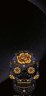 Dark floral skull with intricate design on black background.