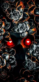 Dark skull with glowing red eyes among metallic roses.