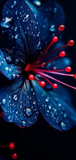 Dark blue flower with red accents and water droplets.