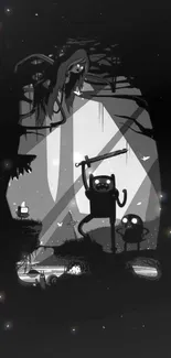 Dark forest adventure art with fantasy characters.