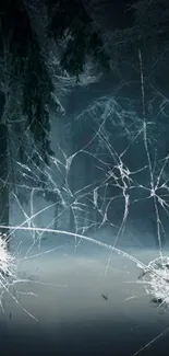 Dark forest with cracked screen effect, eerie ambiance.