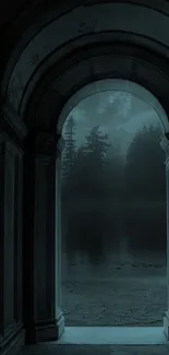 A dark arched doorway leading to a misty, mysterious forest scene.