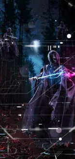 Dark forest wallpaper with hooded figure and digital elements.