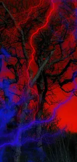 Dark forest with red and blue lightning strikes creating an electrifying scene.