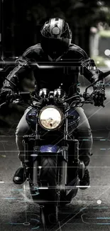 Motorcyclist rides through dark forest road.