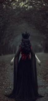 Dark forest queen with crown in enchanted woods.