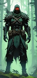 Dark forest ranger with glowing red eyes, standing in a mystical woods.