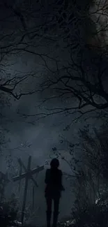 Silhouette in eerie forest with dark trees.