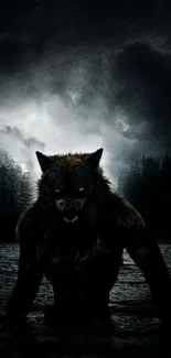 Dark forest wallpaper featuring a werewolf.