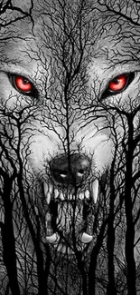 Dark forest wolf with red eyes blending with tree branches.