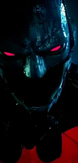 Futuristic mask with red eyes on a dark background.