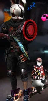 Masked gamer character with weapon on dark background.