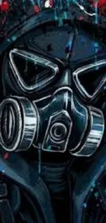 Dark gas mask artwork with vibrant splashes.