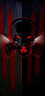 Dark gas mask with red glow on wallpaper.