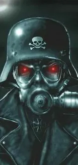 Dark soldier with gas mask and red eyes on a moody gray background.