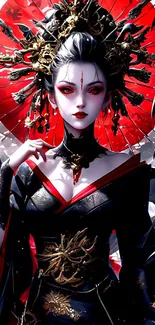 Dark geisha with red parasol in fantasy setting.