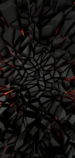 Dark geometric shattered design with red highlights.