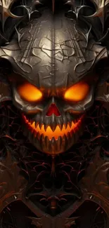 Dark skull with glowing orange eyes on a textured background.