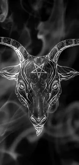 Intricate goat skull art with smoky effects on black background.