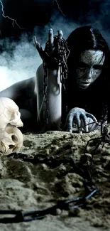 Gothic art with chained figure and skulls against dark background.