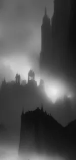 Dark Gothic castle with misty silhouette and spires, creating a mysterious scene.