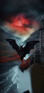 Dramatic Gothic castle with a winged creature under a dark sky.