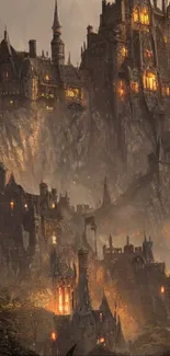 Dark gothic castle with glowing windows against a misty mountain backdrop.