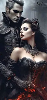 Dark gothic couple in elegant attire, embraced in a fantasy setting.