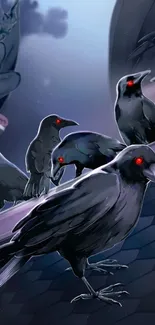 Crows with glowing red eyes perched on a gothic rooftop under a moody sky.