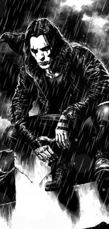 Gothic figure kneeling in rain with a dramatic black and white backdrop.