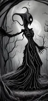 Dark gothic silhouette against a moonlit forest background.