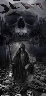 Grim Reaper amidst skulls in a dark gothic setting with bats overhead.