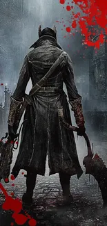 Dark hunter in gothic setting with red splatters.