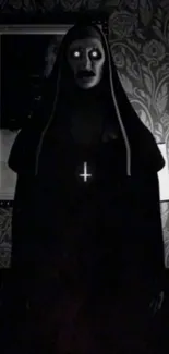 Gothic nun with eerie eyes and dark background wallpaper.