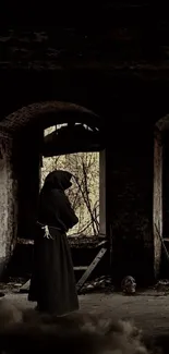 Gothic wallpaper with silhouette and arched windows.