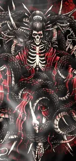 Dark gothic skeleton with snakes in red and black tones for mobile wallpaper.