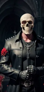 Gothic skull with roses in a dark cathedral setting.